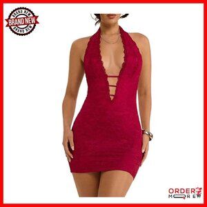 Sexy Deep V Neck Lace Halter Mini Dress Open Back Bodycon Club